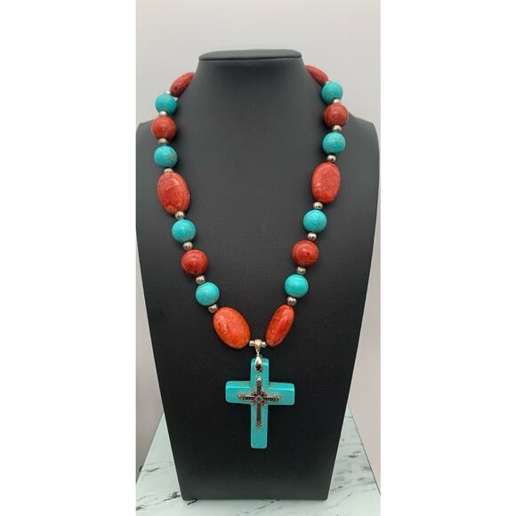 Turquoise Blue & Coral Red Dyed Howlite Stone Cross Pendant Necklace - Picture 1 of 5